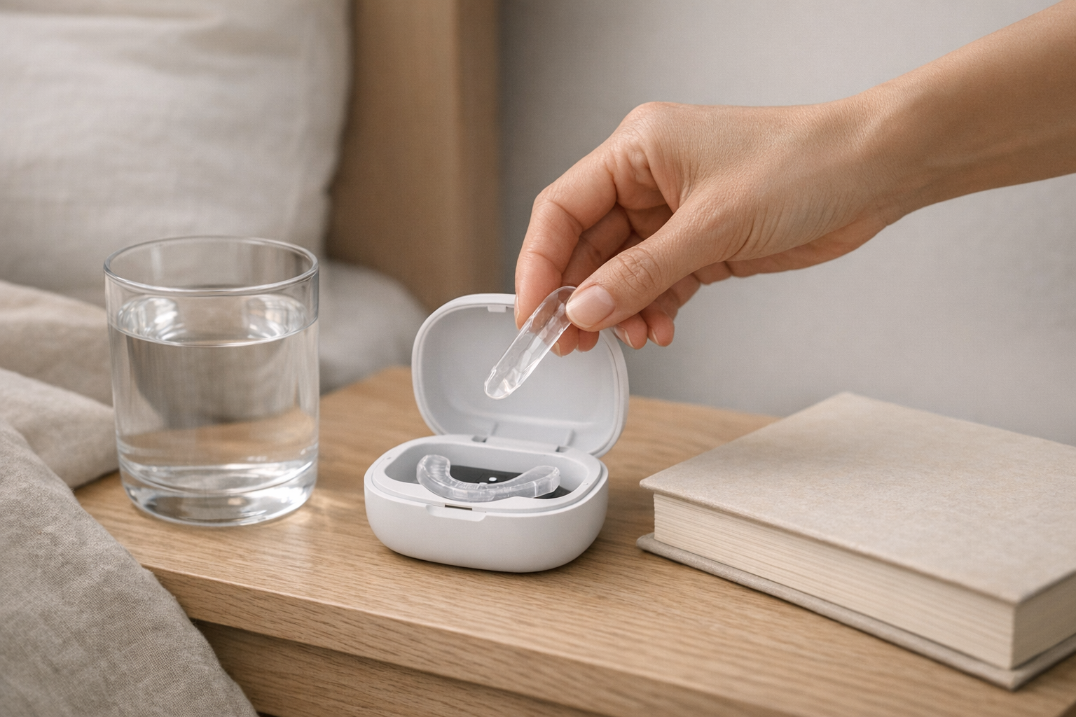 Biofeedback guard in charging case on bedside table
