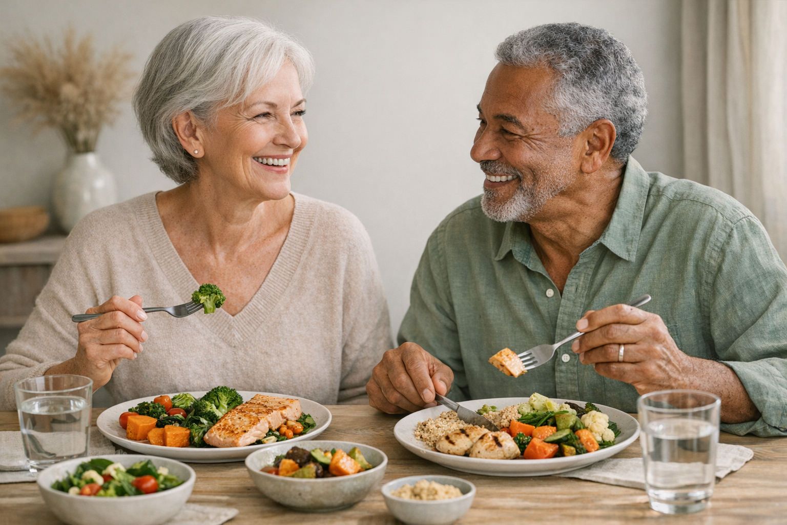 Older adults enjoying a balanced, jaw-friendly meal
