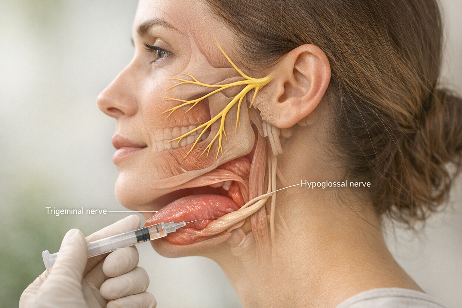 Diagram of trigeminal and hypoglossal nerves with injection site
