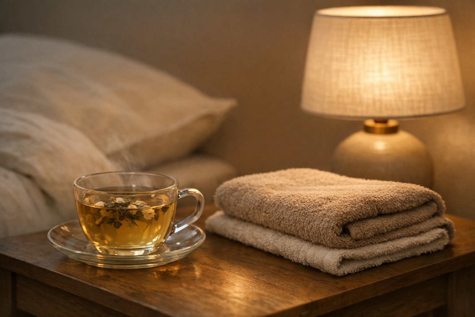 Herbal tea and warm towel for bedtime relaxation
