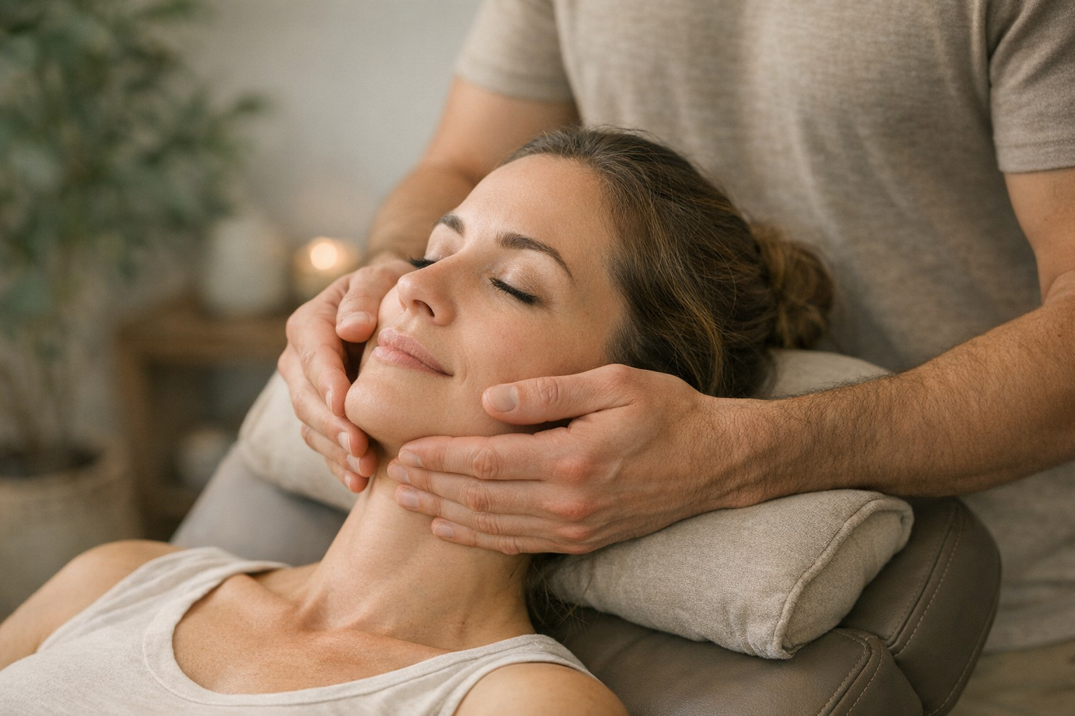 Physiotherapist applying pressure to patient's jaw in chair