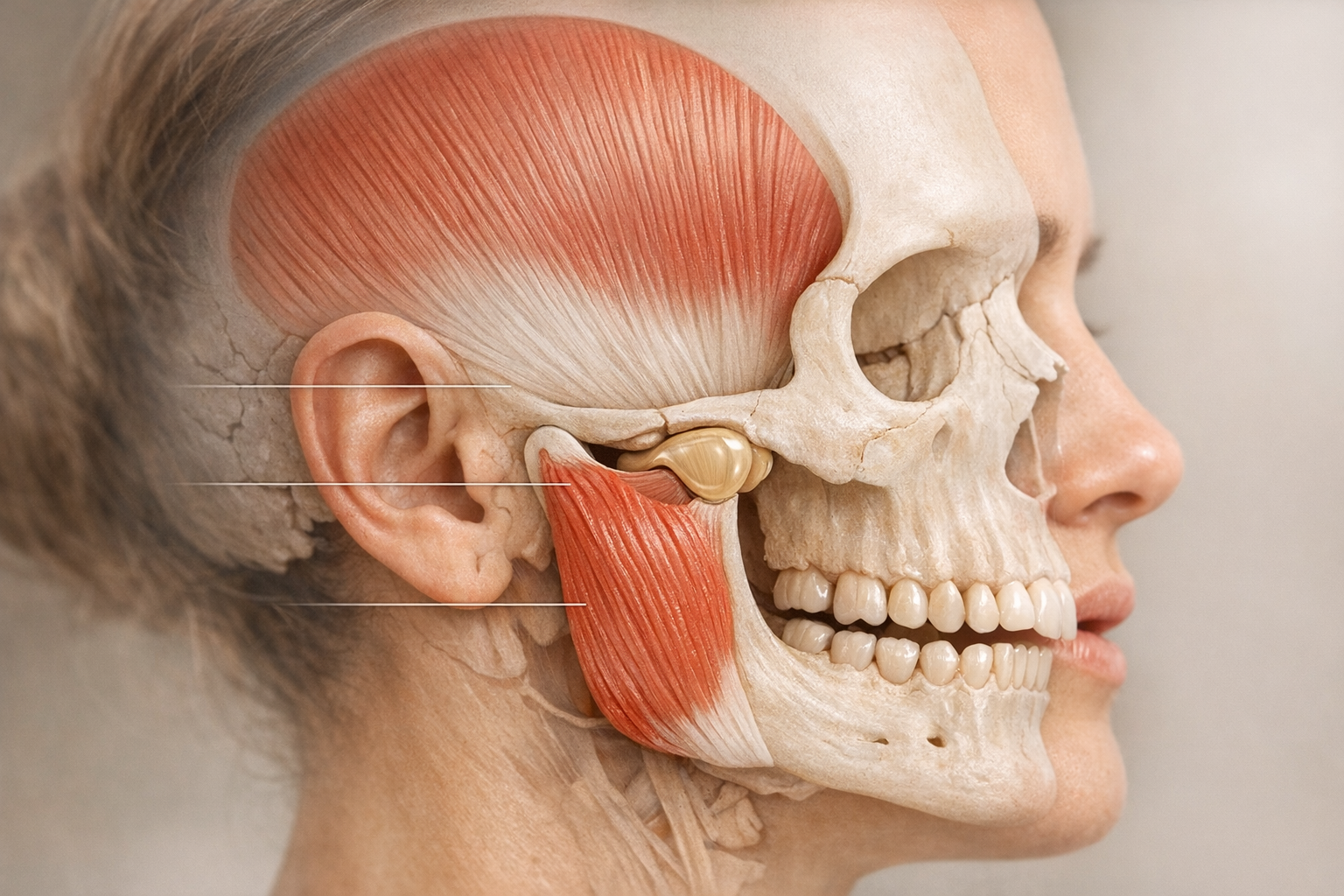 Close-up of labeled jaw muscles and TMJ