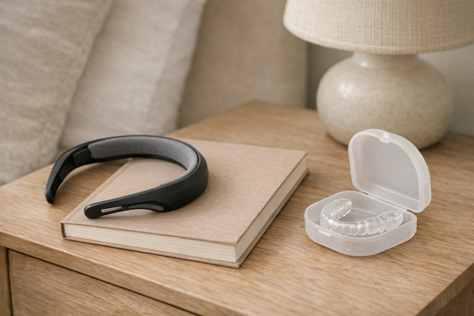 Bedside table with biofeedback headband, CBT workbook, night guard