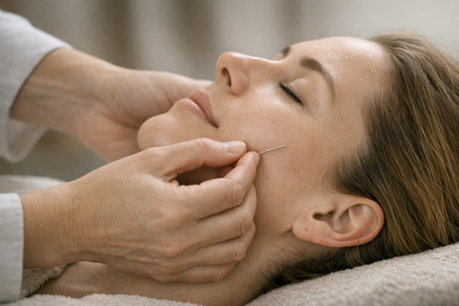 Therapist inserting needle into patient's cheek