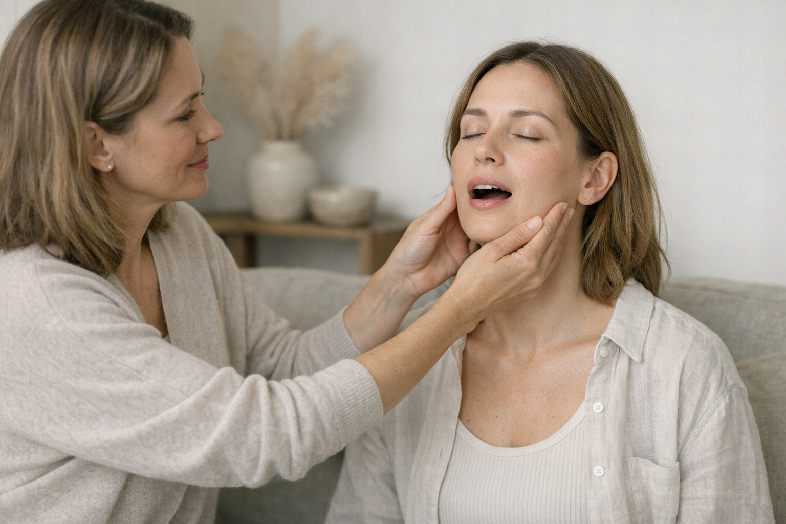 Therapist guiding patient in jaw relaxation exercise