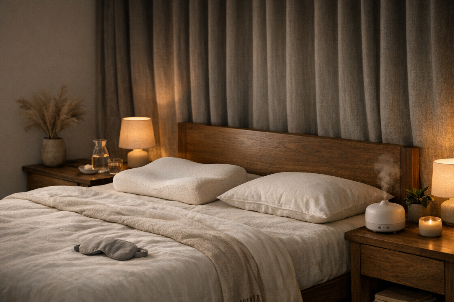 Serene bedroom with blackout curtains and warm lighting
