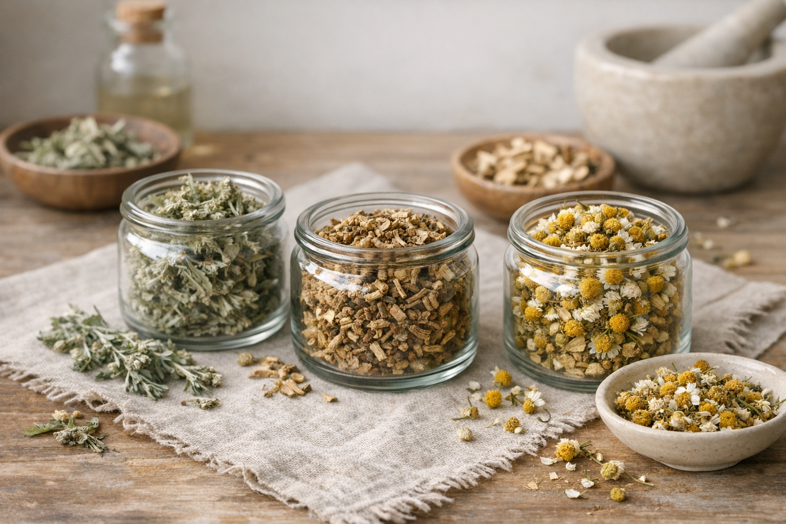 Dried herbs like wormwood, valerian, chamomile in jars
