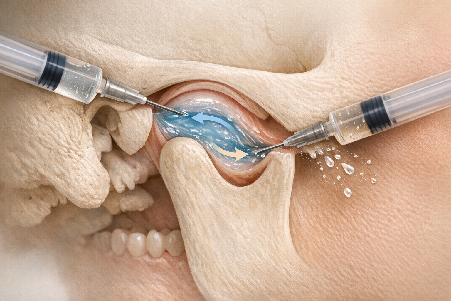 Arthrocentesis needles in TMJ with lavage flow arrows