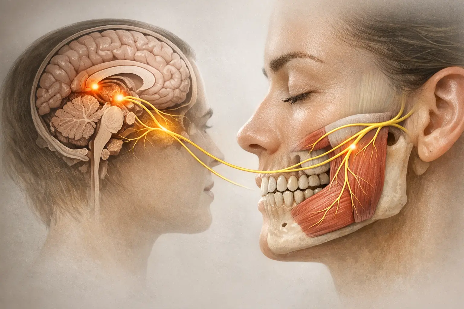 Diagram of trigeminal nerve pathways and jaw muscles