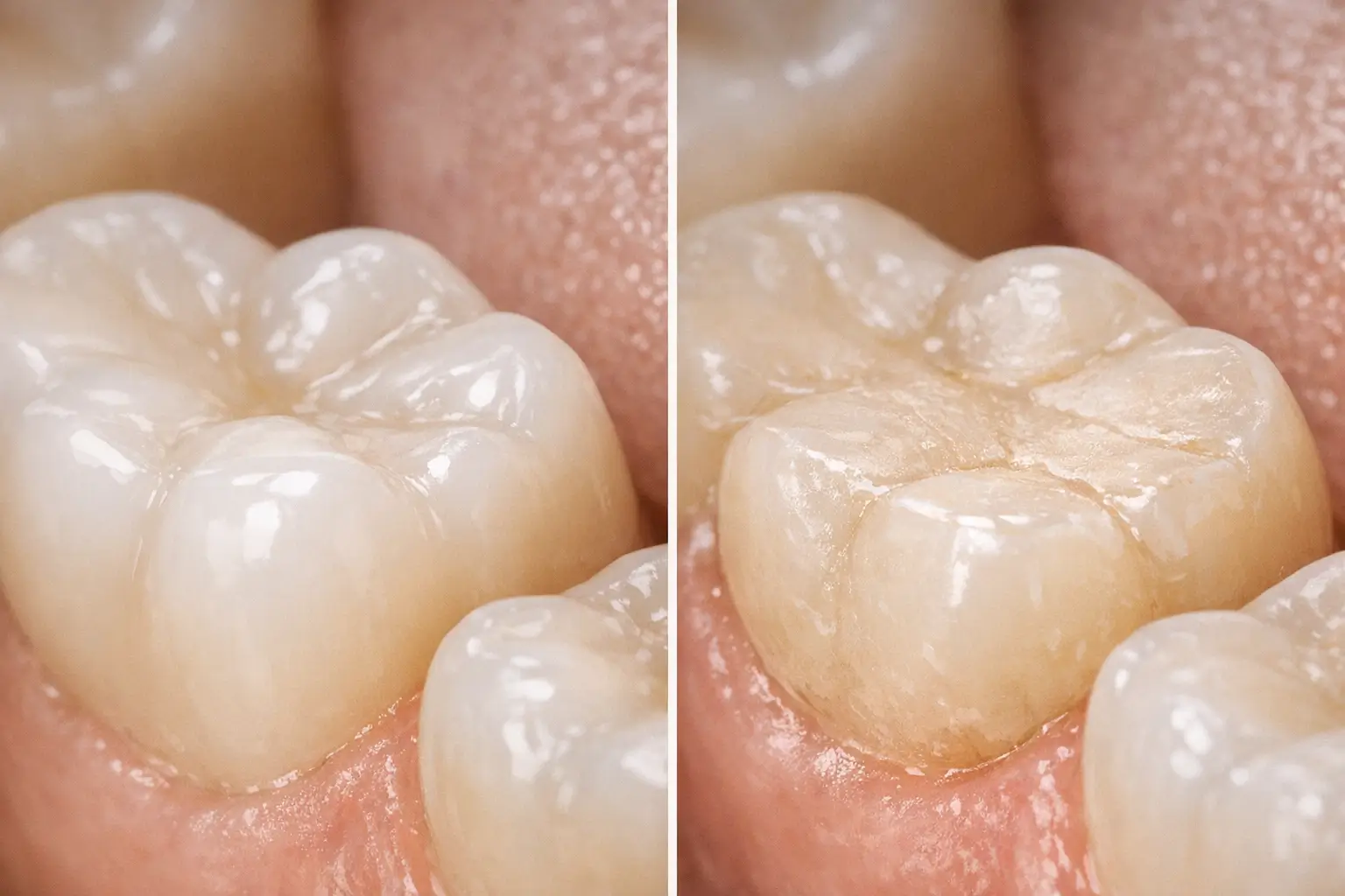 Healthy tooth vs worn enamel from grinding