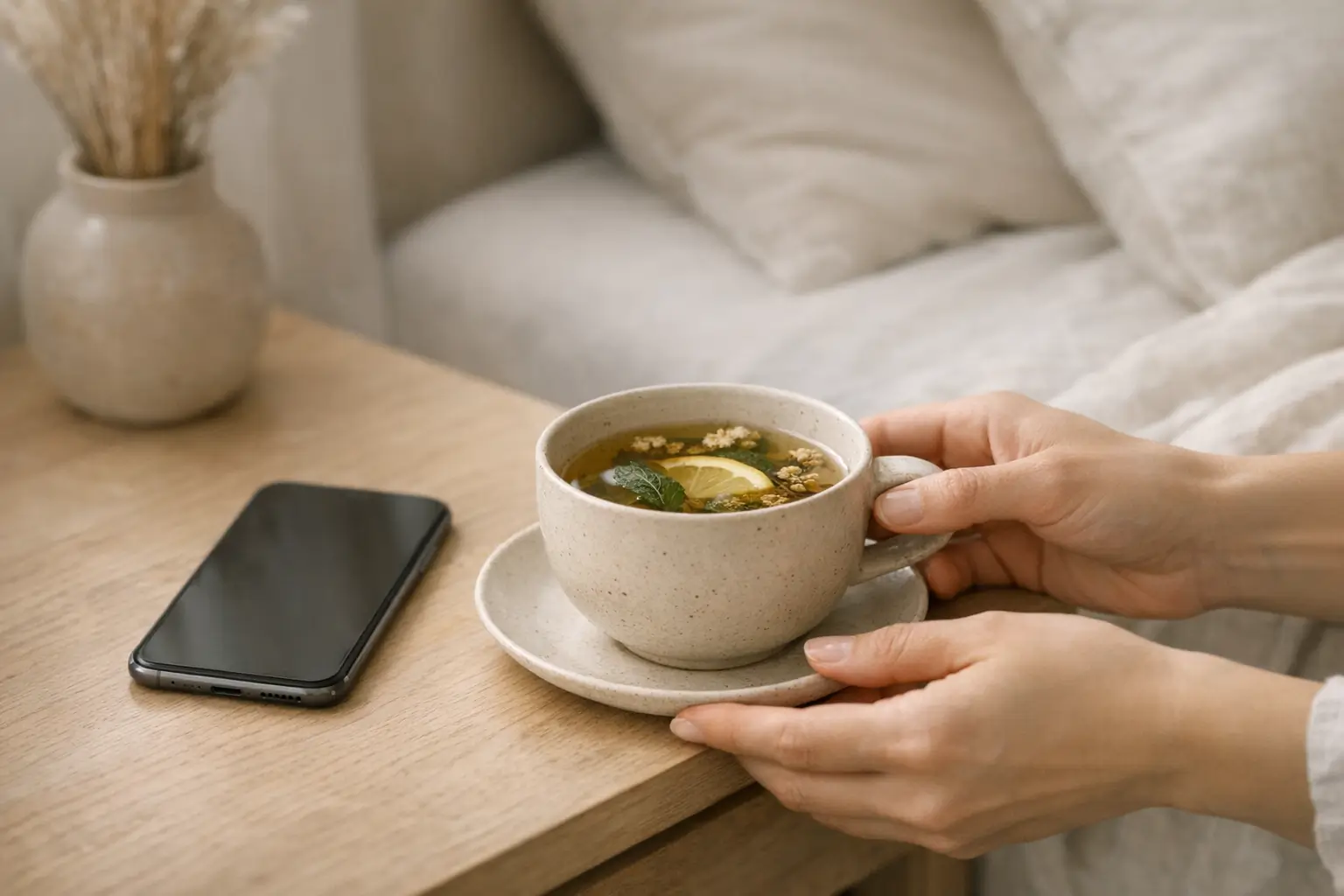 Hands setting herbal tea and phone on bedside table