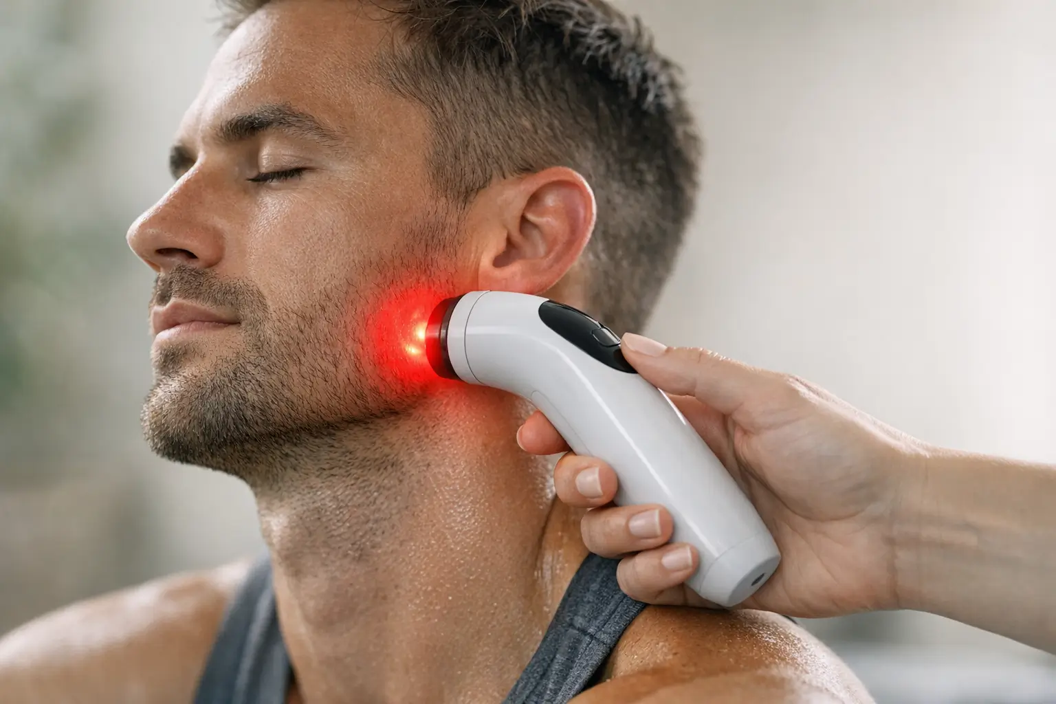 Handheld LLLT device emitting red light on jaw