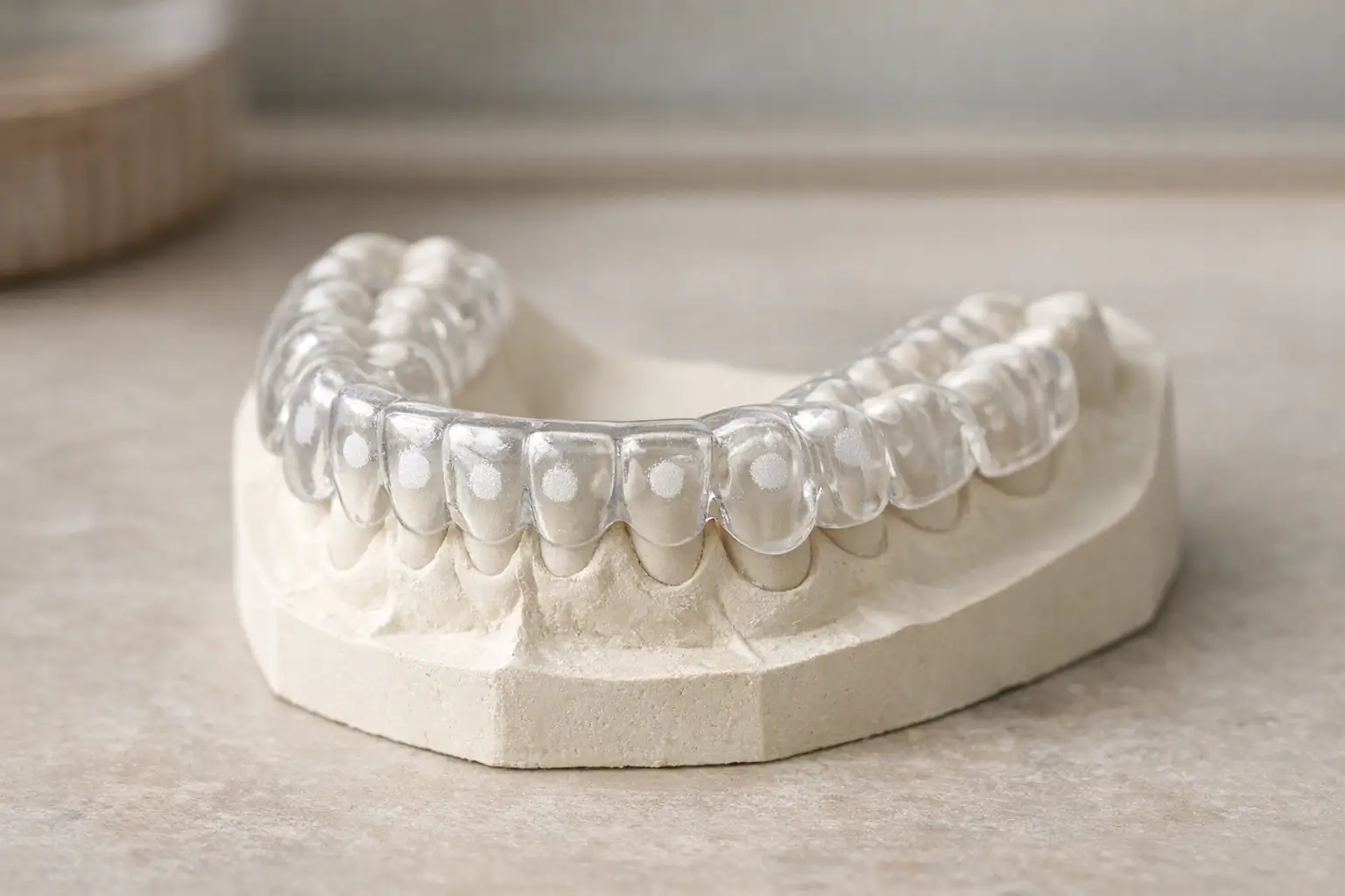 Custom mouth guard on dental model close-up
