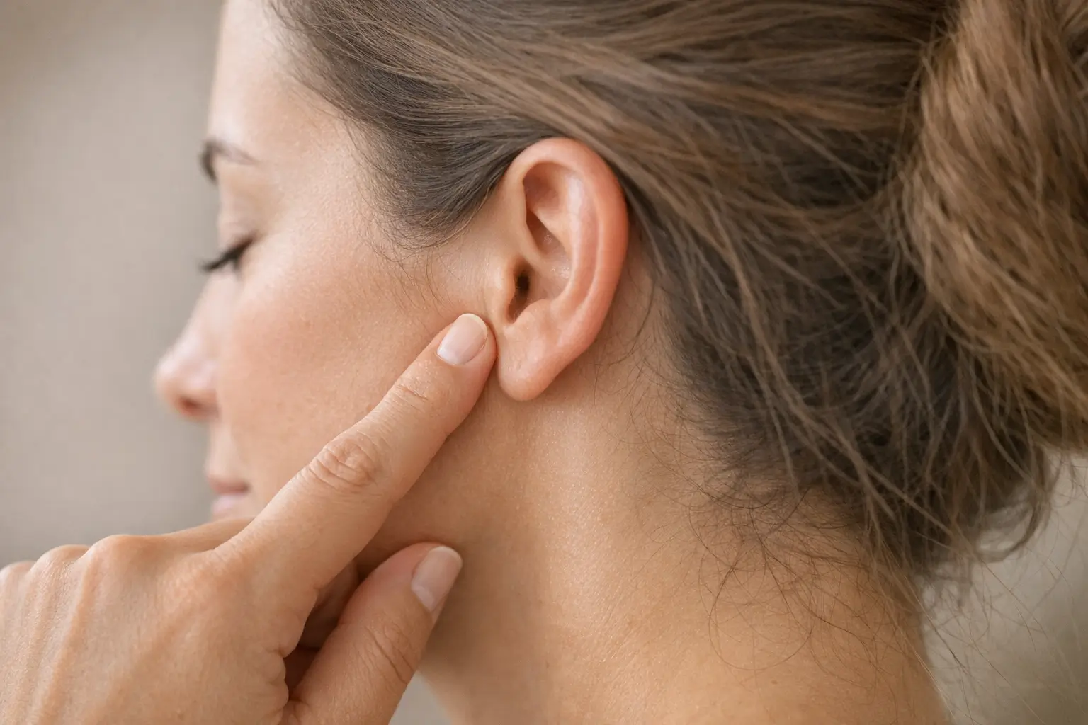 Person pressing finger near ear to locate TMJ