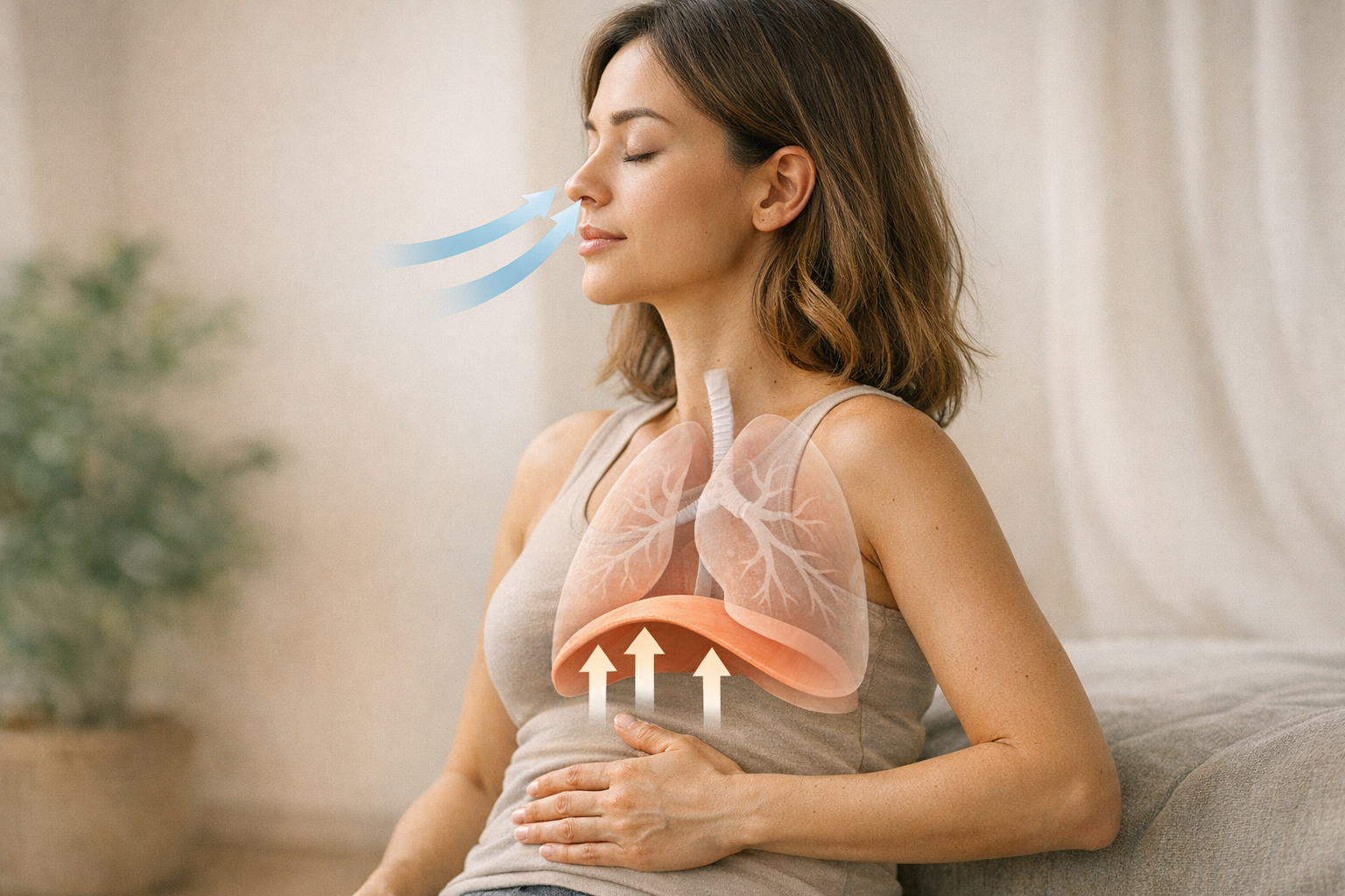 Diagram of diaphragmatic breathing with airflow arrows