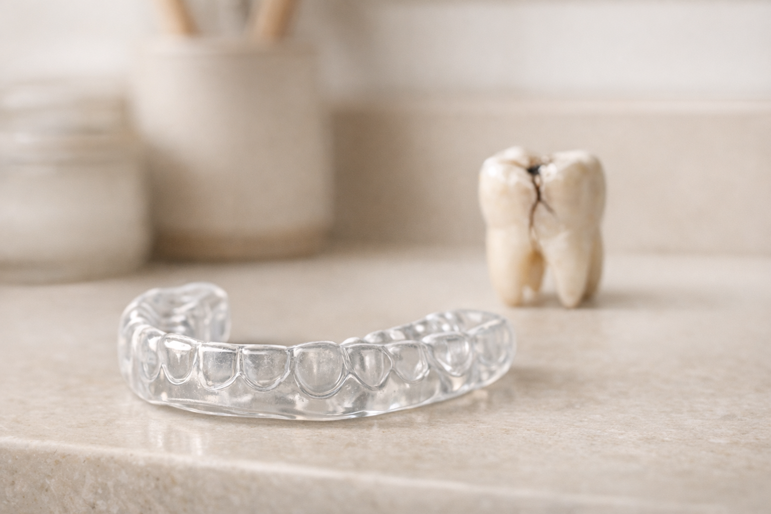 Custom dental night guard with cracked tooth behind