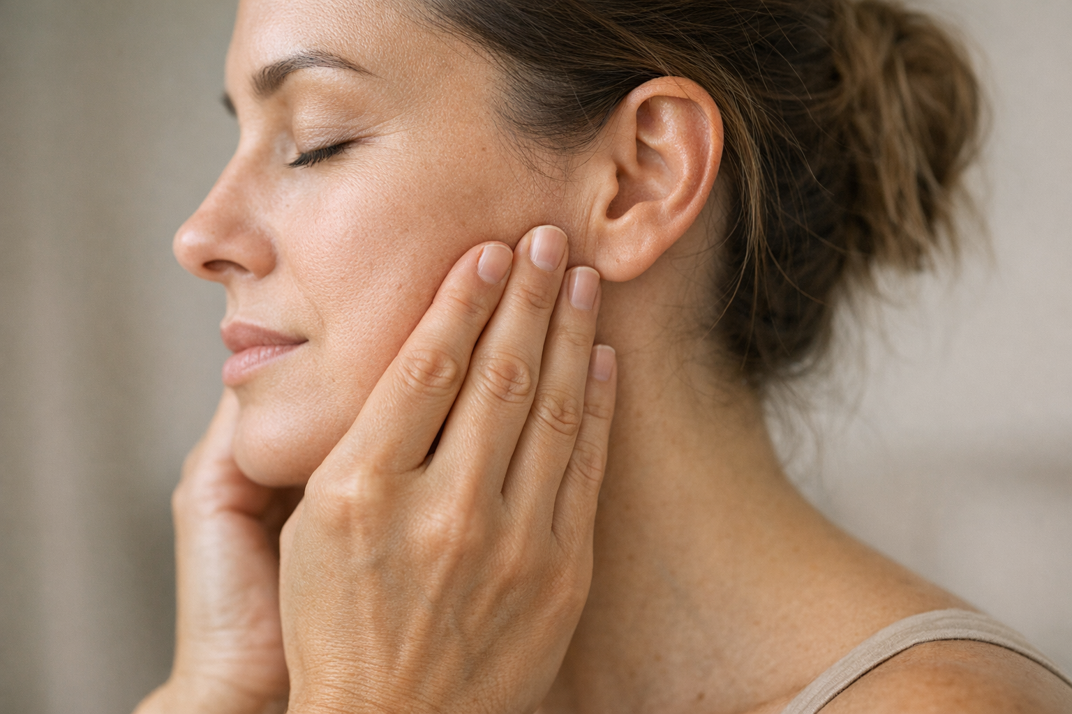 Person massaging jaw muscles with fingers