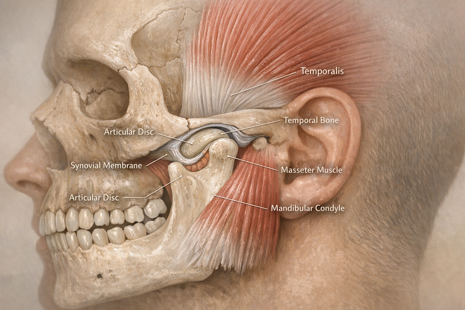 Illustration showing jaw muscles and temporomandibular joint structures