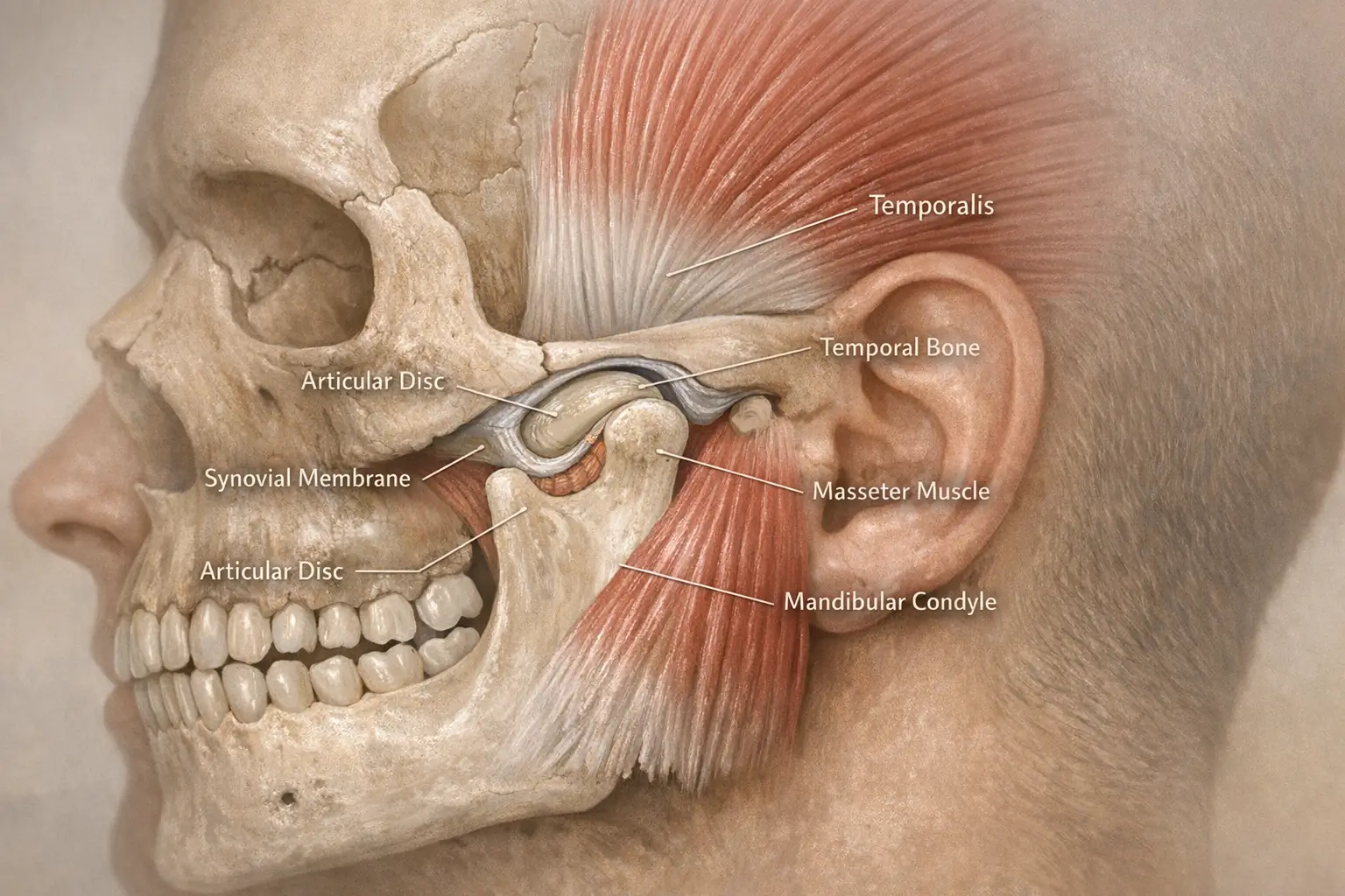 Illustration showing jaw muscles and temporomandibular joint structures
