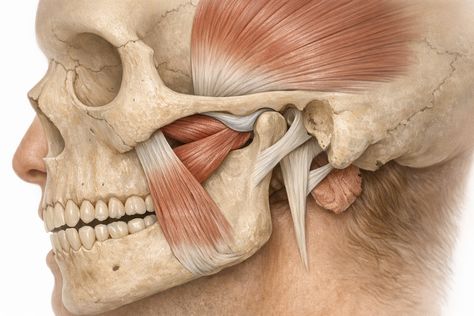 Diagram of temporomandibular joint with muscles labeled