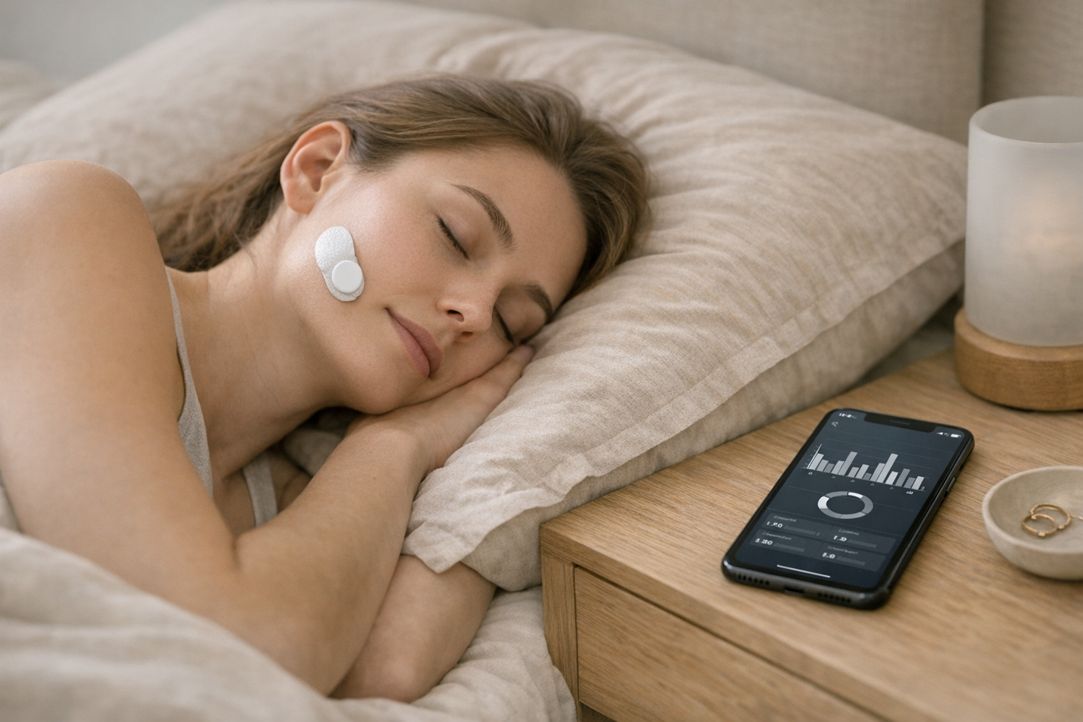 Person sleeping with EMG patch, bruxism data shown