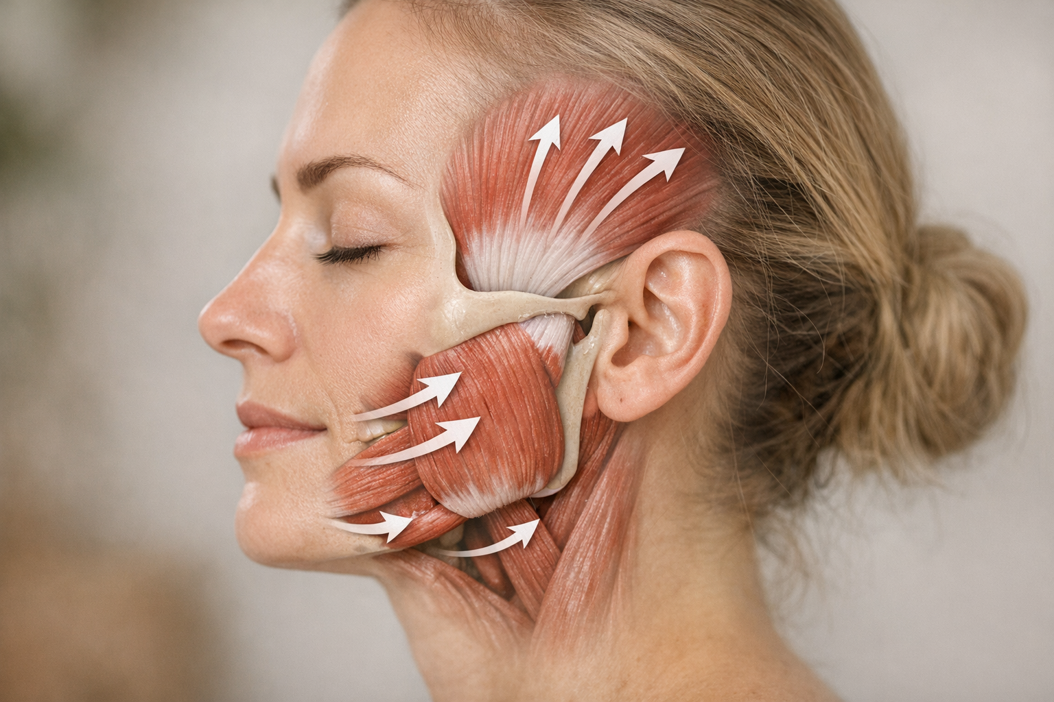 Illustration of jaw muscles with stretch directions