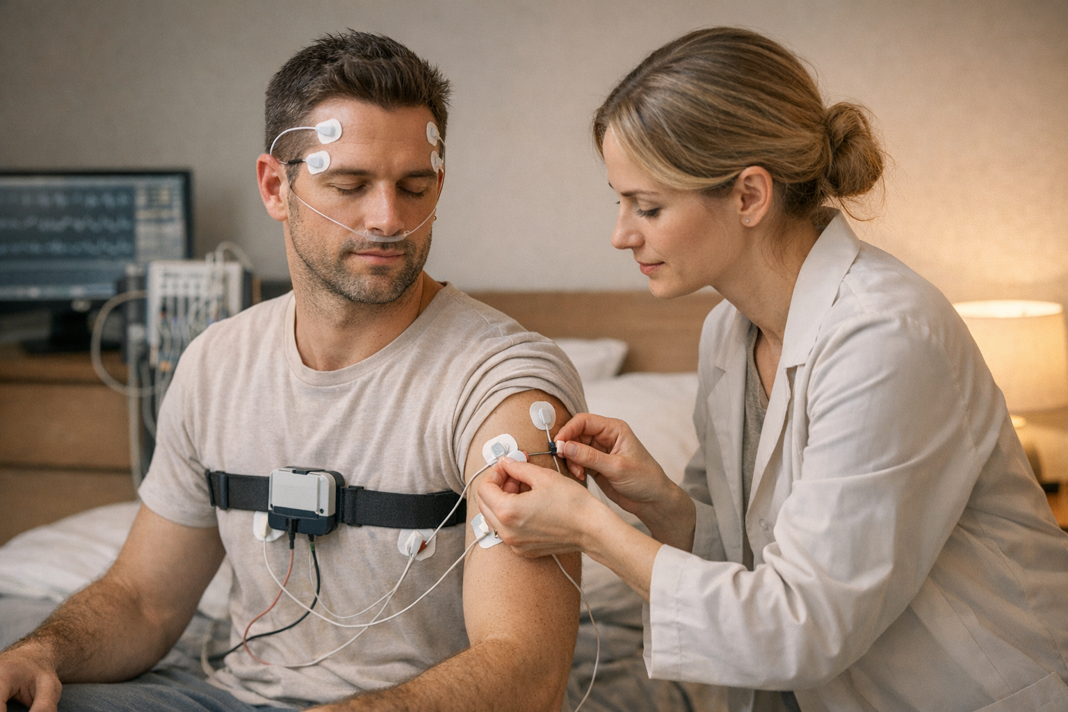 Researcher adjusts EMG electrodes in sleep lab