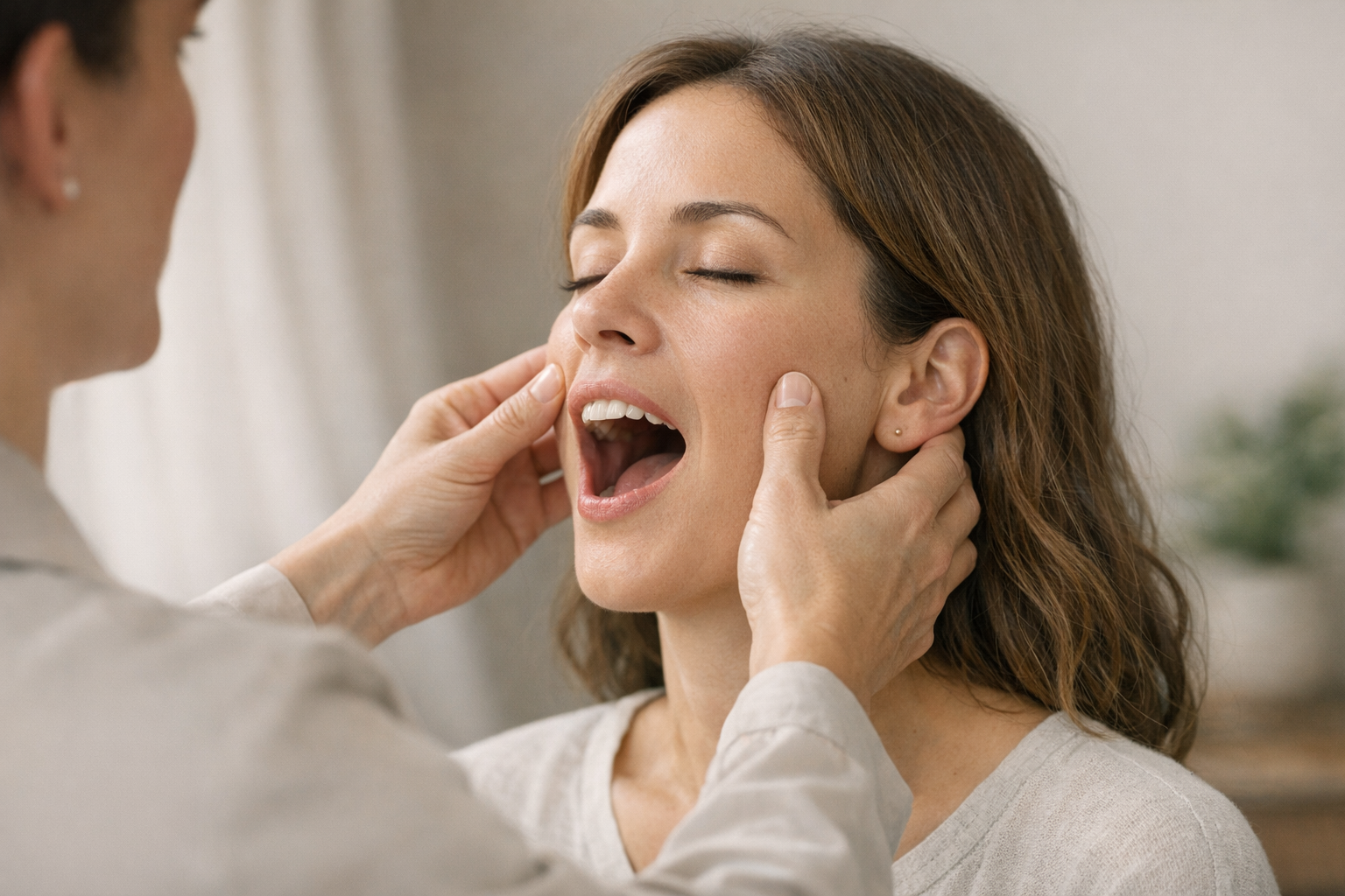 Clinician palpating patient's TMJ during mouth movement