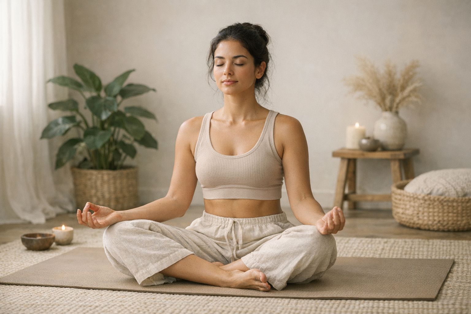Person meditating cross-legged in softly lit room