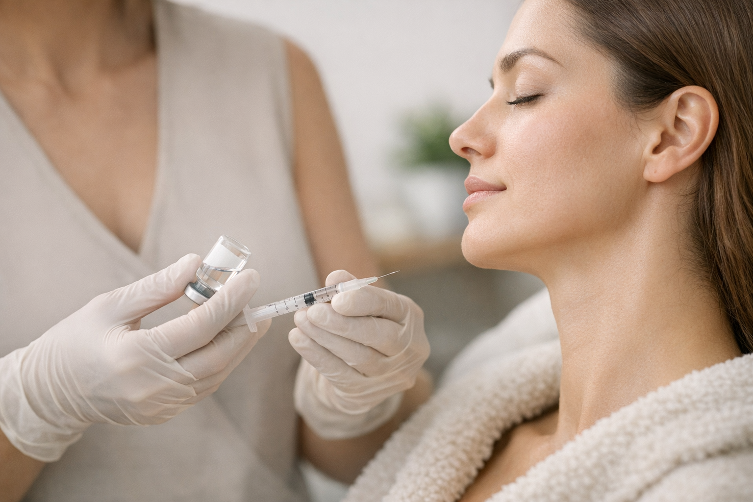 Clinician with syringe of botulinum toxin for jaw