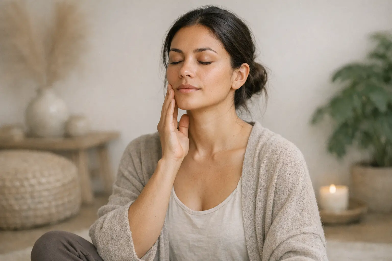 Person meditating with hand on jaw in calm space