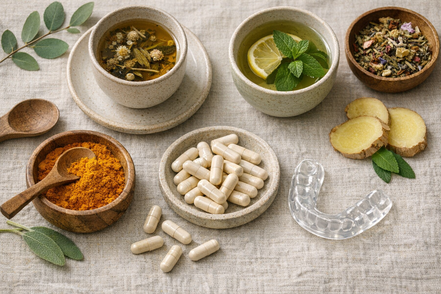 Herbal teas, turmeric, magnesium, night guard for bruxism