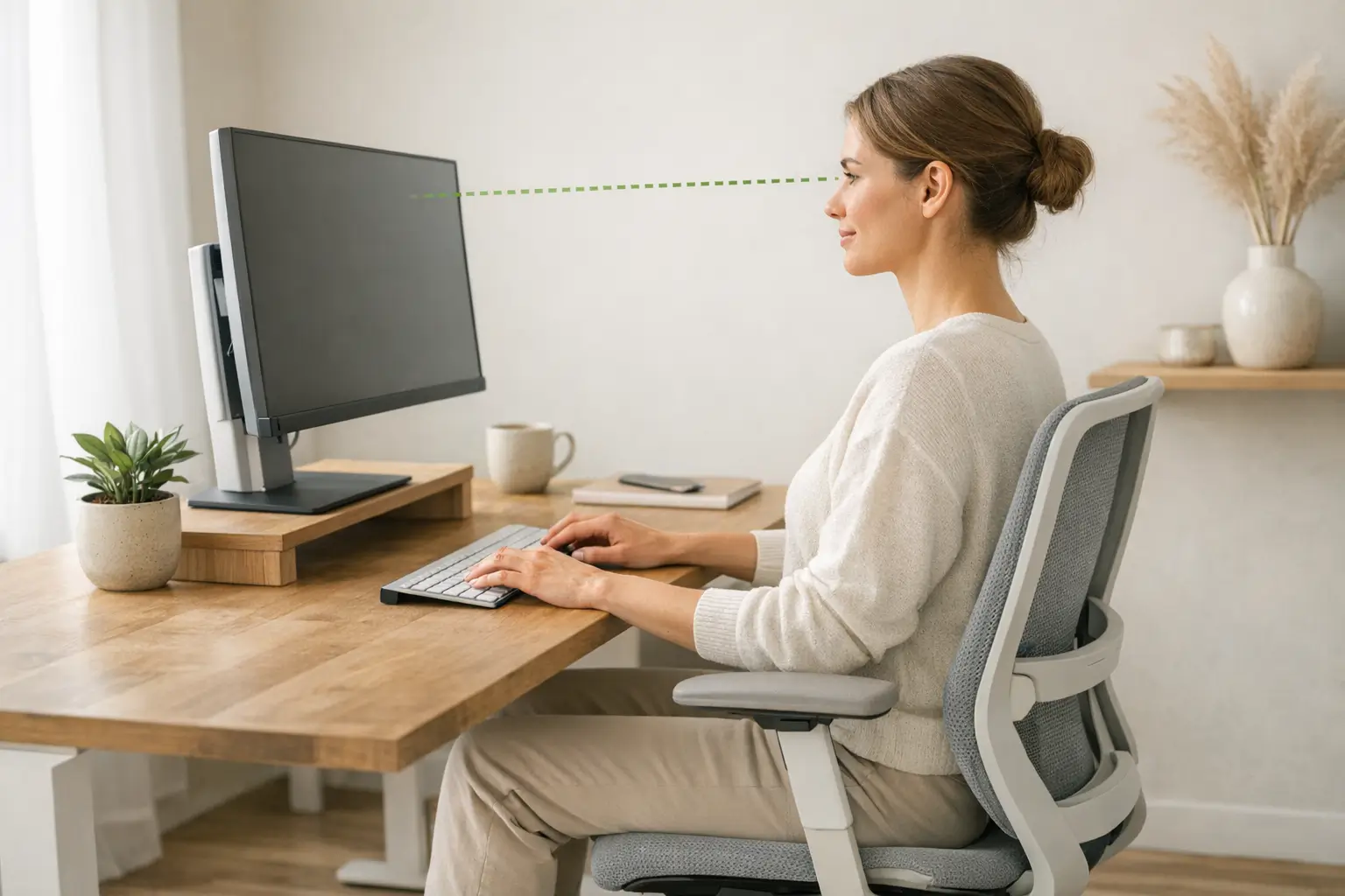 Ergonomic workstation setup with monitor, chair, keyboard