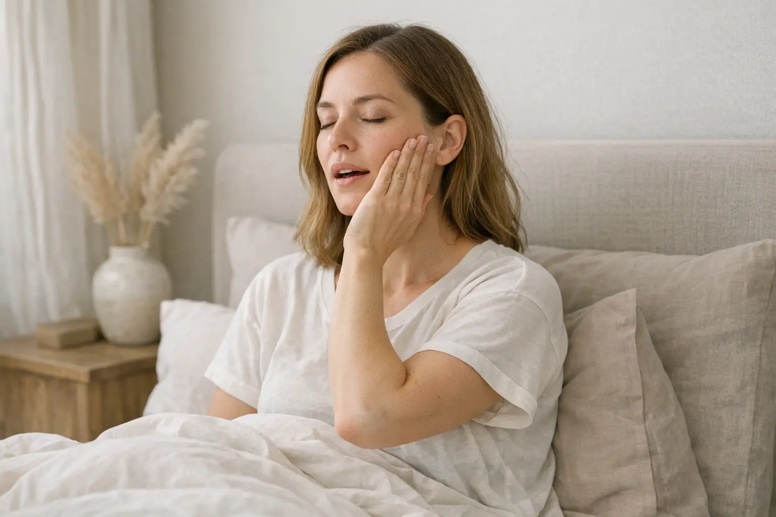 Person in bed performing jaw stretch with hand resistance