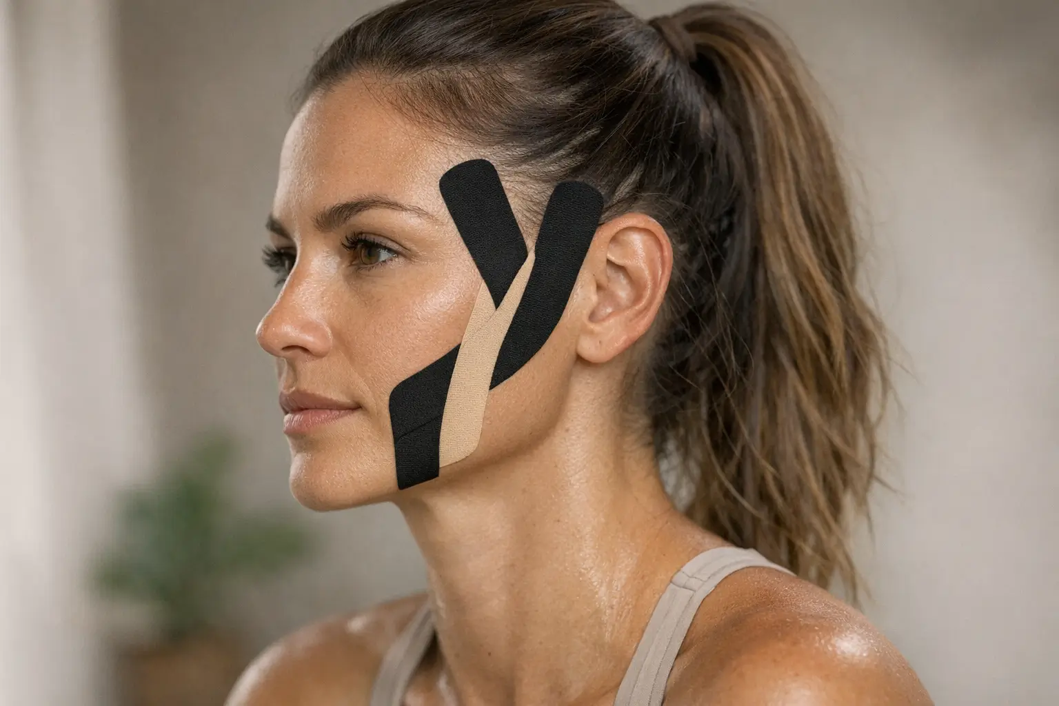 Athlete with Y-shaped elastic tape on jaw muscles