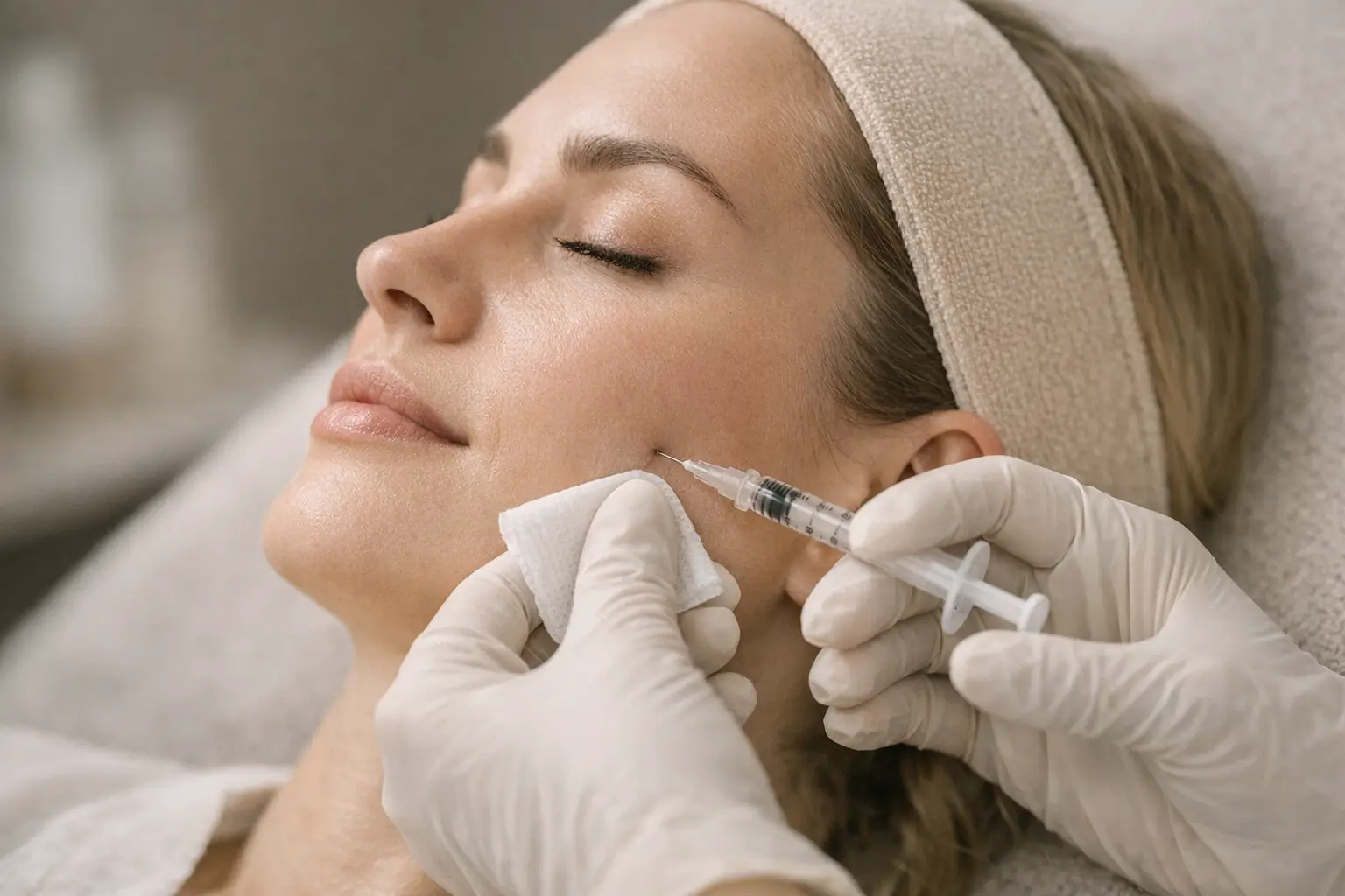 Clinician injecting botulinum toxin into masseter muscle