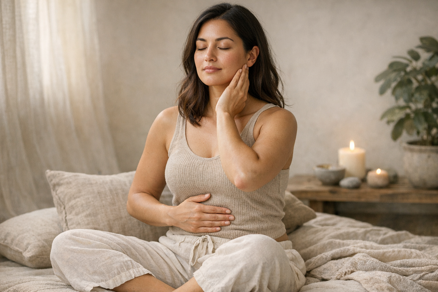 Person practicing breathing exercises and jaw massage for stress