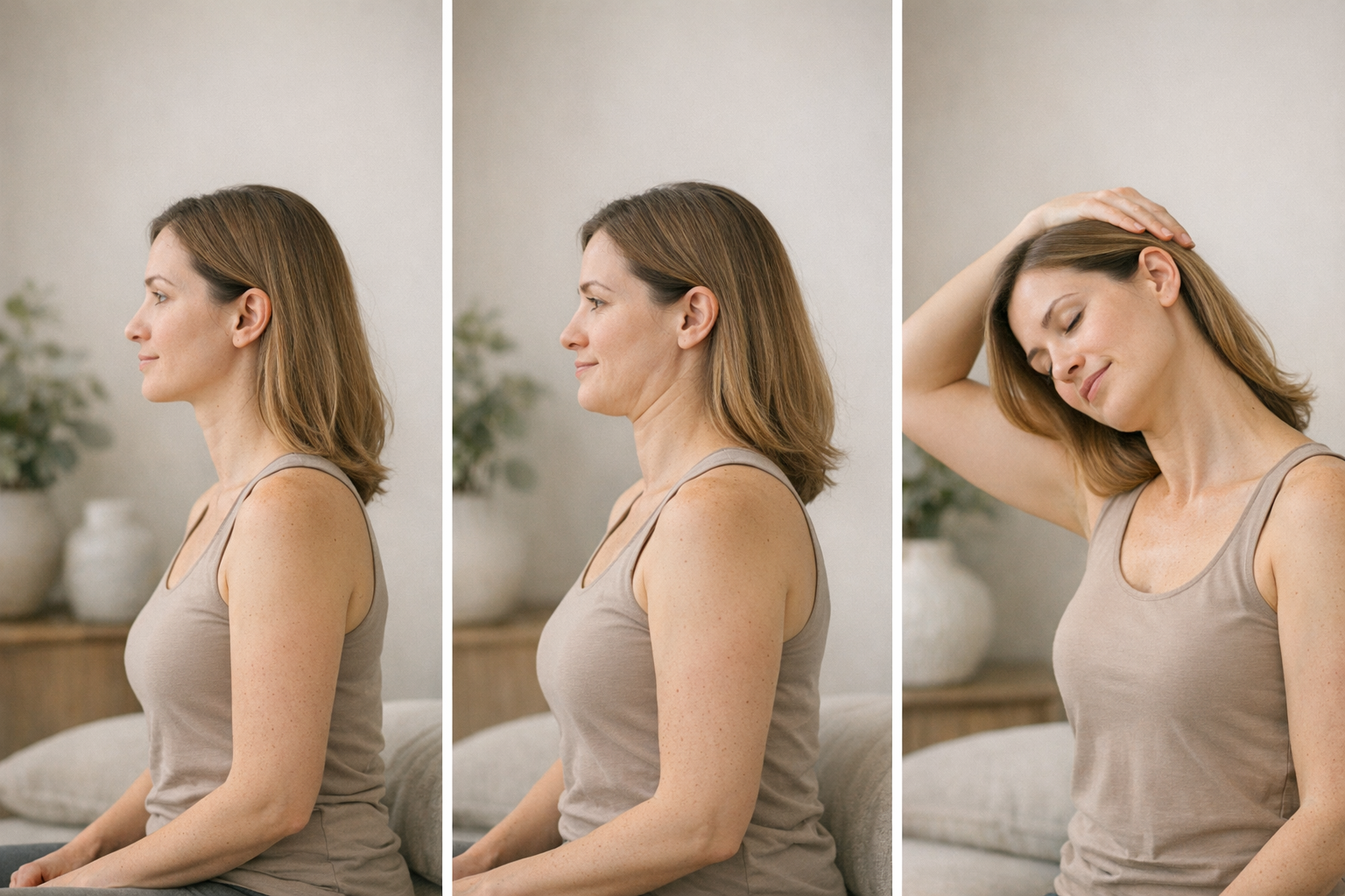 Person doing chin tucks and trapezius stretch