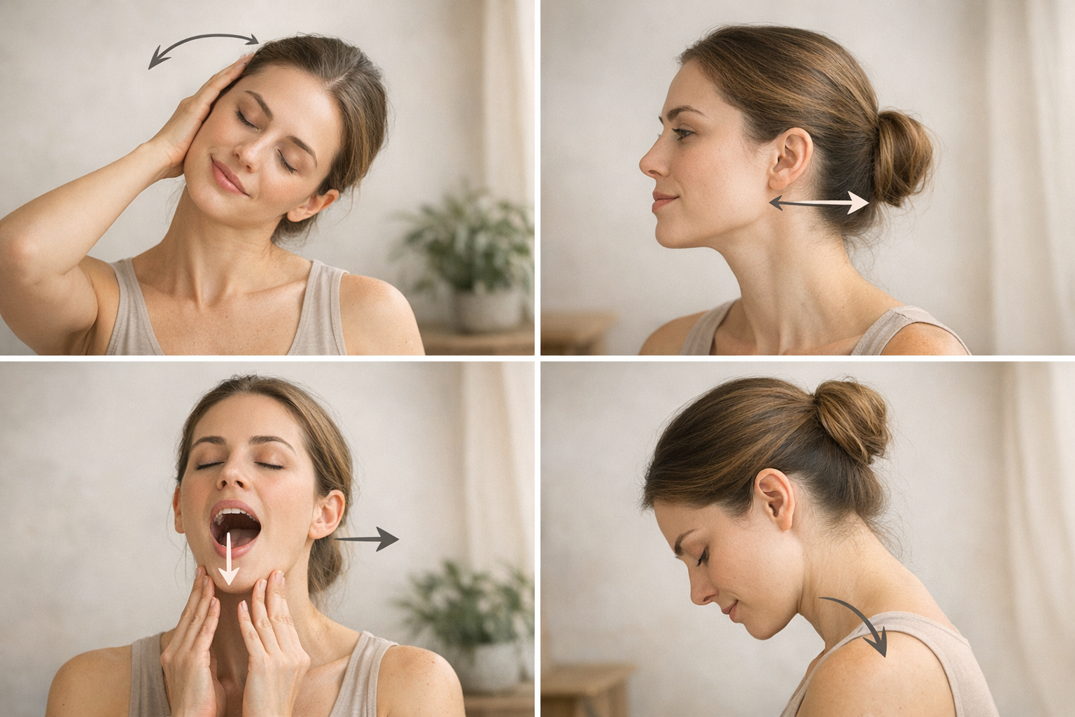 Sequence of TMJ stretching exercises with arrows