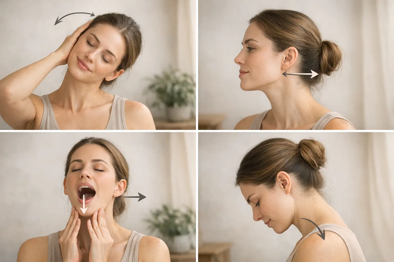 Sequence of TMJ stretching exercises with arrows