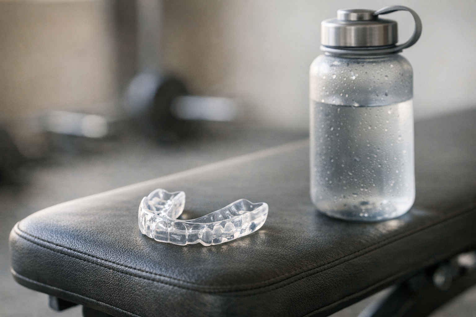 Sports mouthguard on gym bench beside water bottle