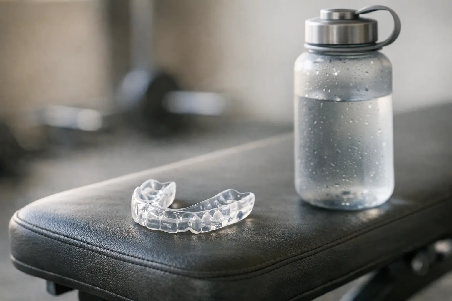 Sports mouthguard on gym bench beside water bottle