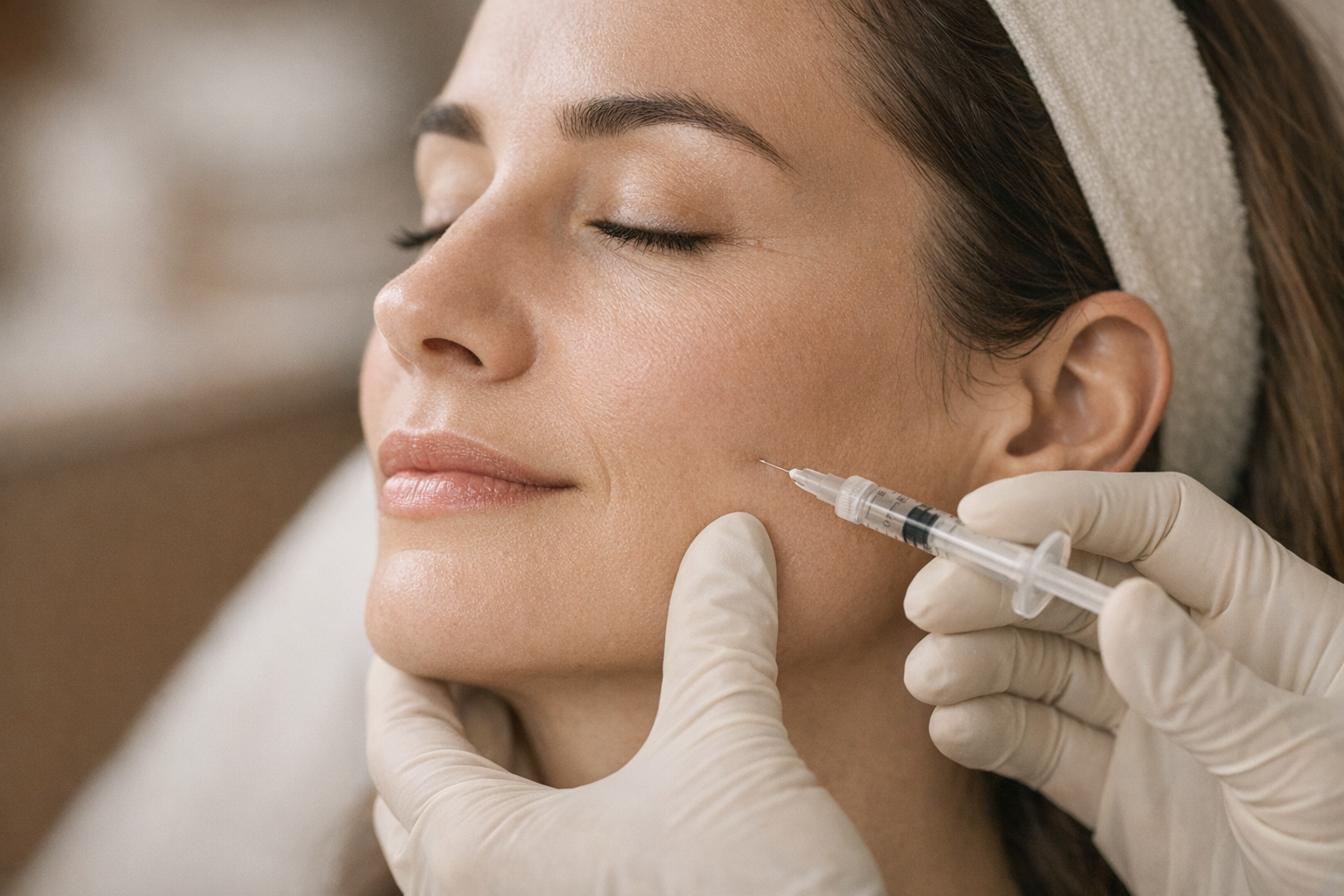 Clinician injecting botulinum toxin into masseter muscle