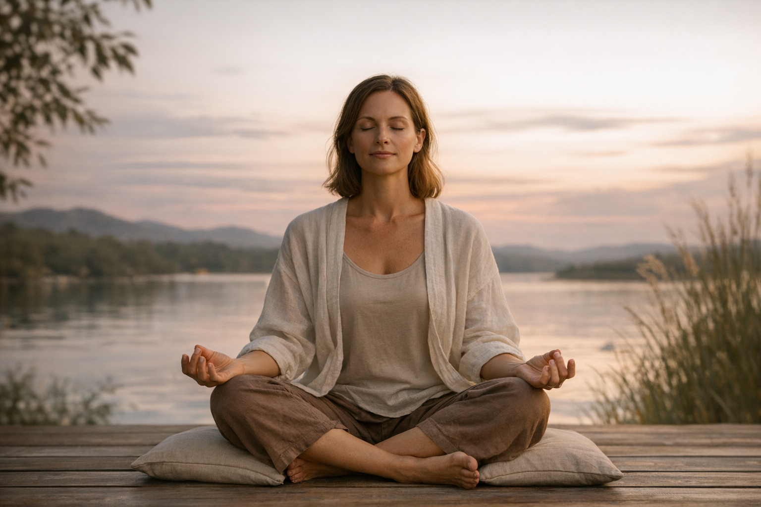 Adult meditating cross-legged at dusk for mindfulness
