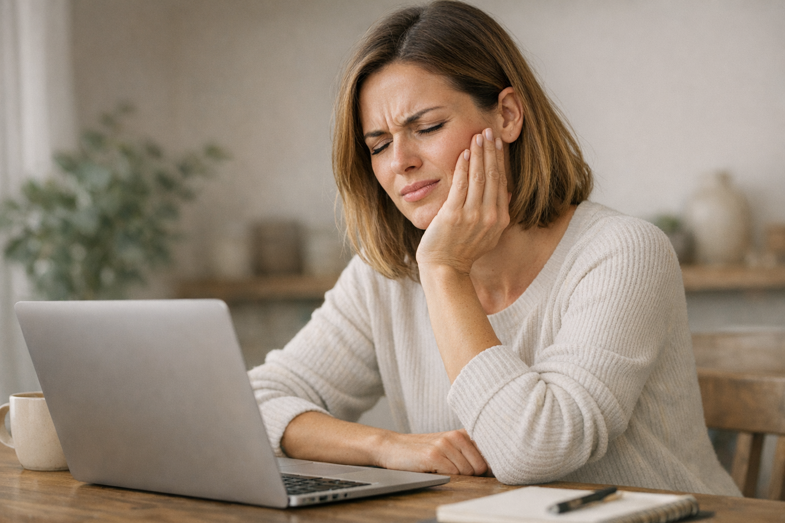 Person holding jaw in discomfort at desk