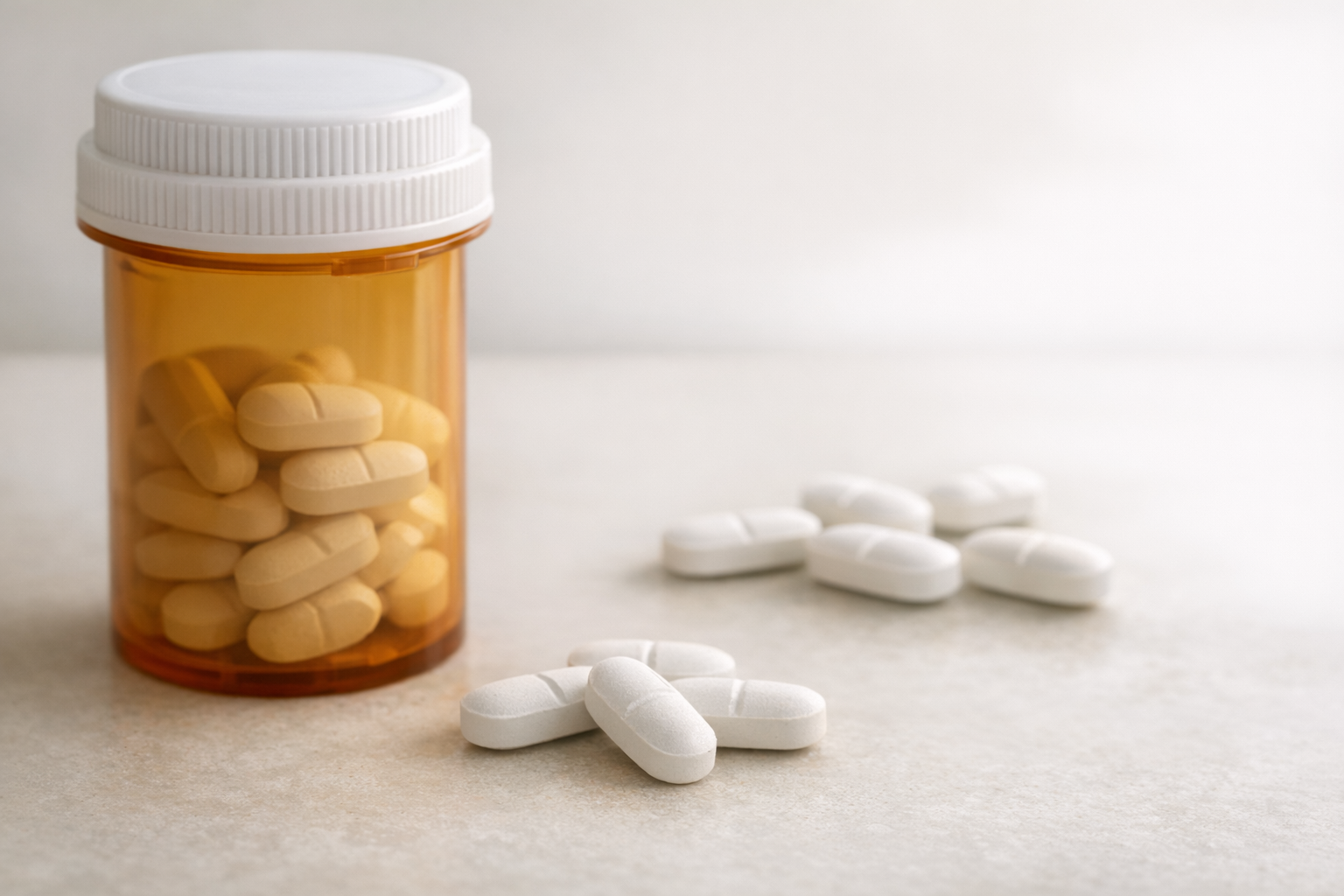 Prescription bottle of Cyclobenzaprine with white tablets