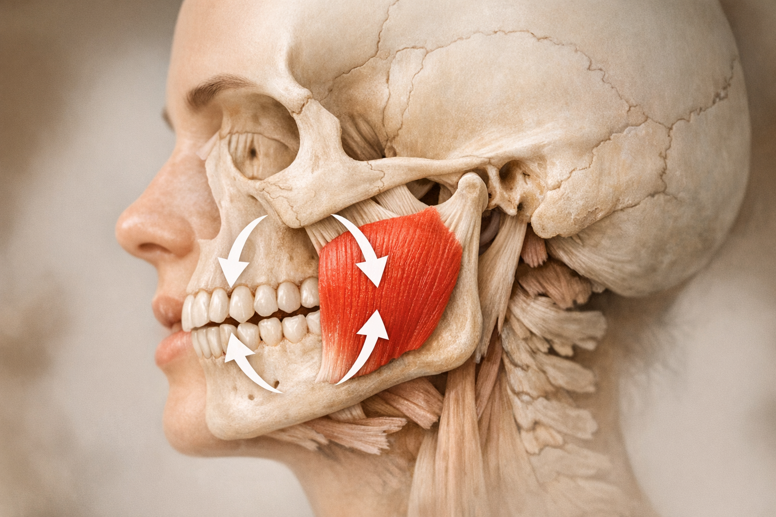 Diagram of jaw muscles highlighting clenching forces