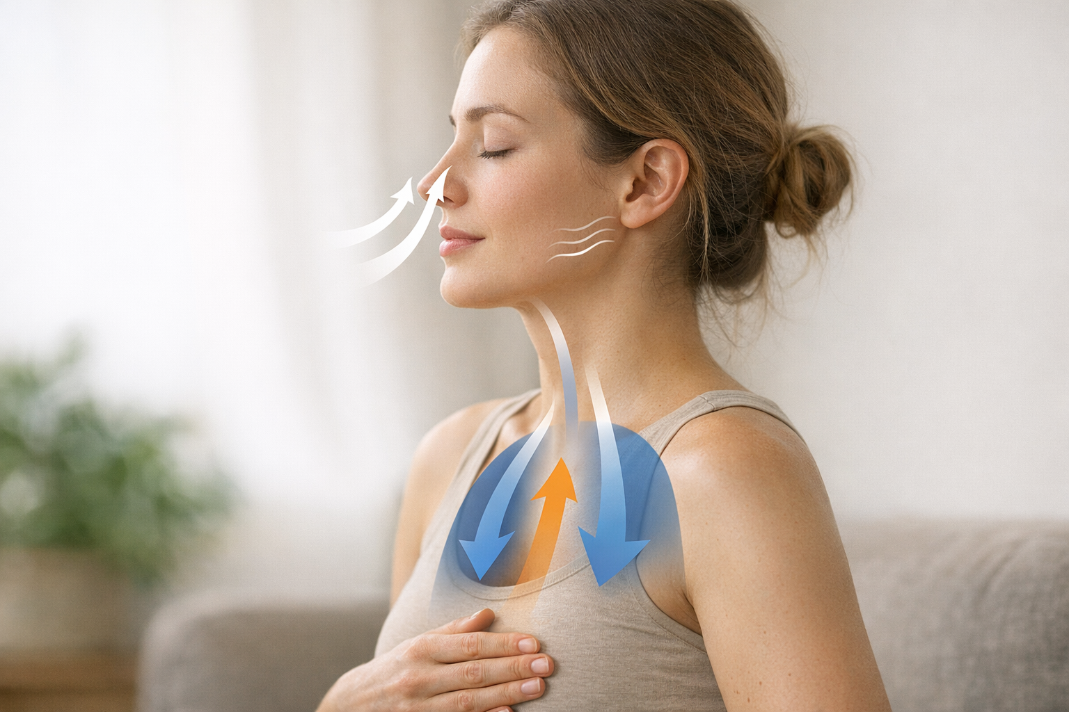 Person practicing diaphragmatic breathing, relaxed jaw, airflow arrows