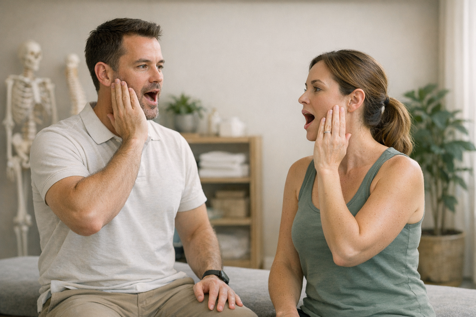 Therapist demonstrates jaw exercises to seated patient