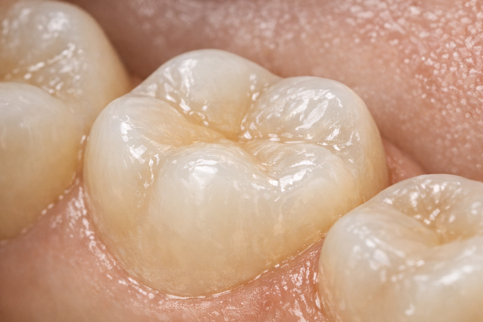 Molar restored with tooth-colored fiber-reinforced composite